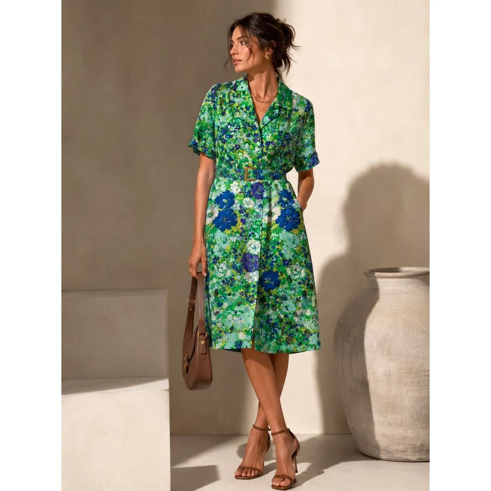 VEMA Vintage 100% Silk Floral Shirt Dress Belted Made in Italy IT 48 Green Blue